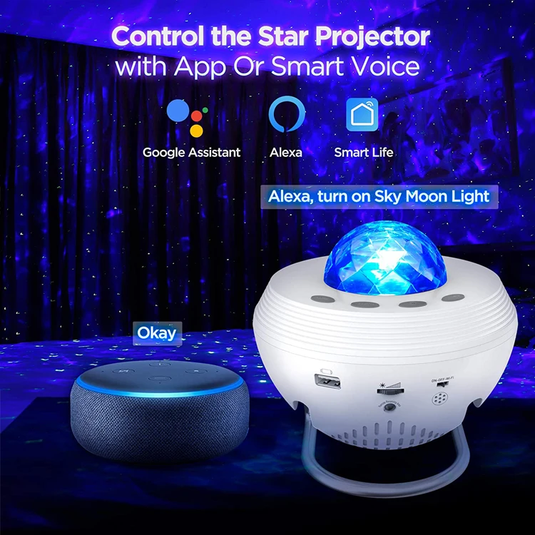 Wifi switch star water wave Halloween projector light,Christmas music space projector