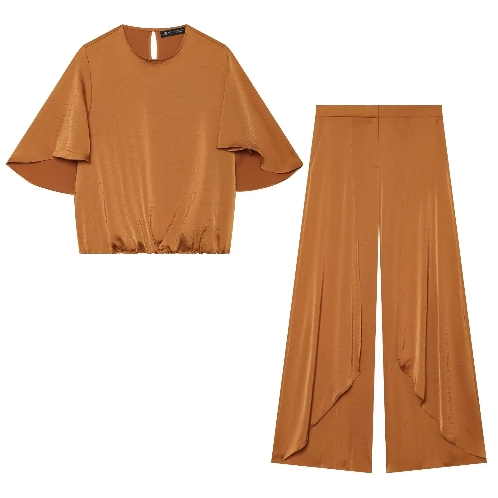 Damenmode Einfarbige Sets Freizeit Kurzarm O-Ausschnitt Top + Asymmetrische Faltenhose Sommer Herbst Urlaub 2-teilig – Detail 6