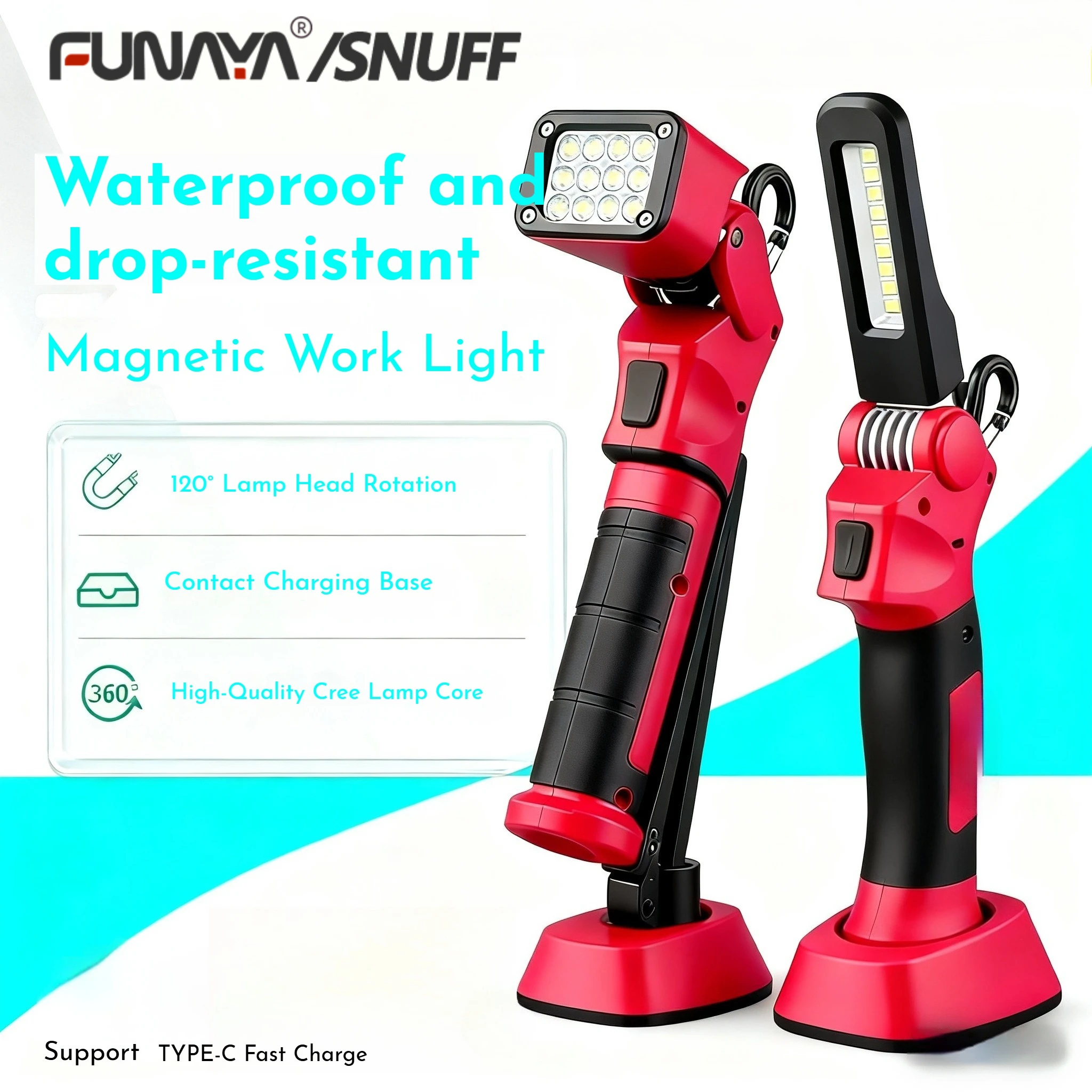 

FUNAYA Rechargeable Foldable LED Work Light Lithium Battery Super Bright Flashlight for Auto Repair Garage Mechanic Lighting