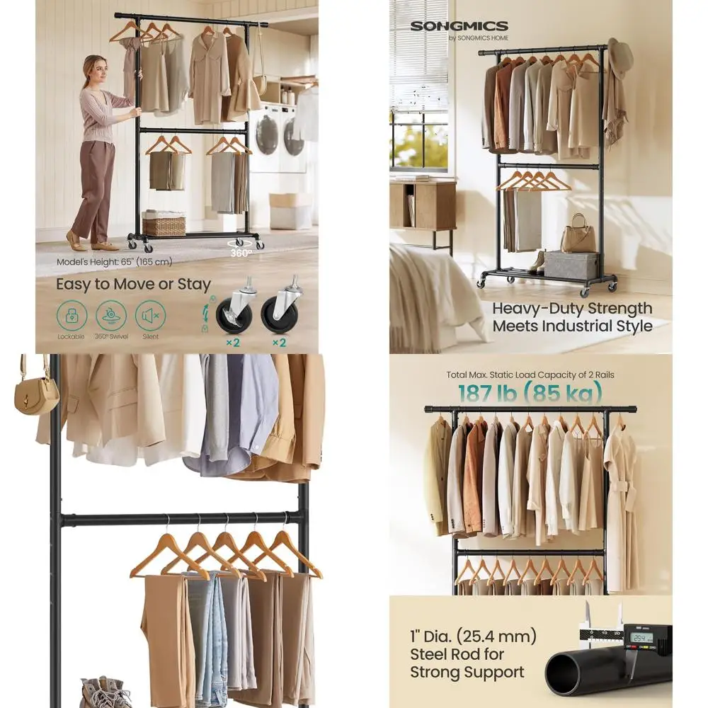 

Heavy-Duty Clothes Rack, Double-Rod Clothing Rack for Hanging Clothes, Industrial Garment Rack on Wheels, Adjustable Metal Frame