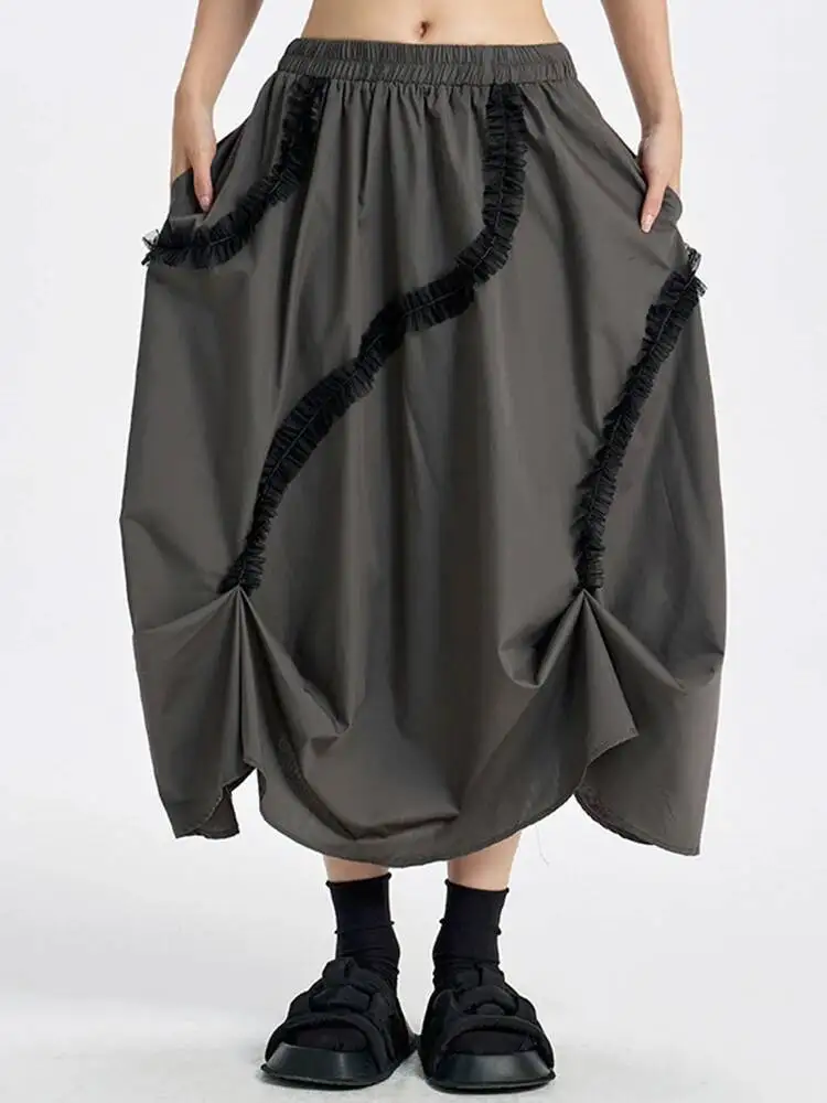 High Elastic Waist Dark Gray Ruffles Irregular A-line Half-body Skirt Women Fashion Tide New Spring Autumn