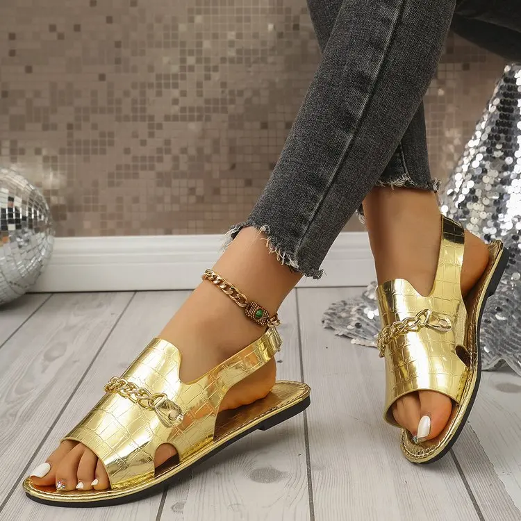 Damen Glitzer-Gold-Pantoletten Sommer Metallic Strukturierte Sandalen mit Ketten-Dekor Große Größen Offene Zehen Flache Slides Damen-Hausschuhe – Detail 4
