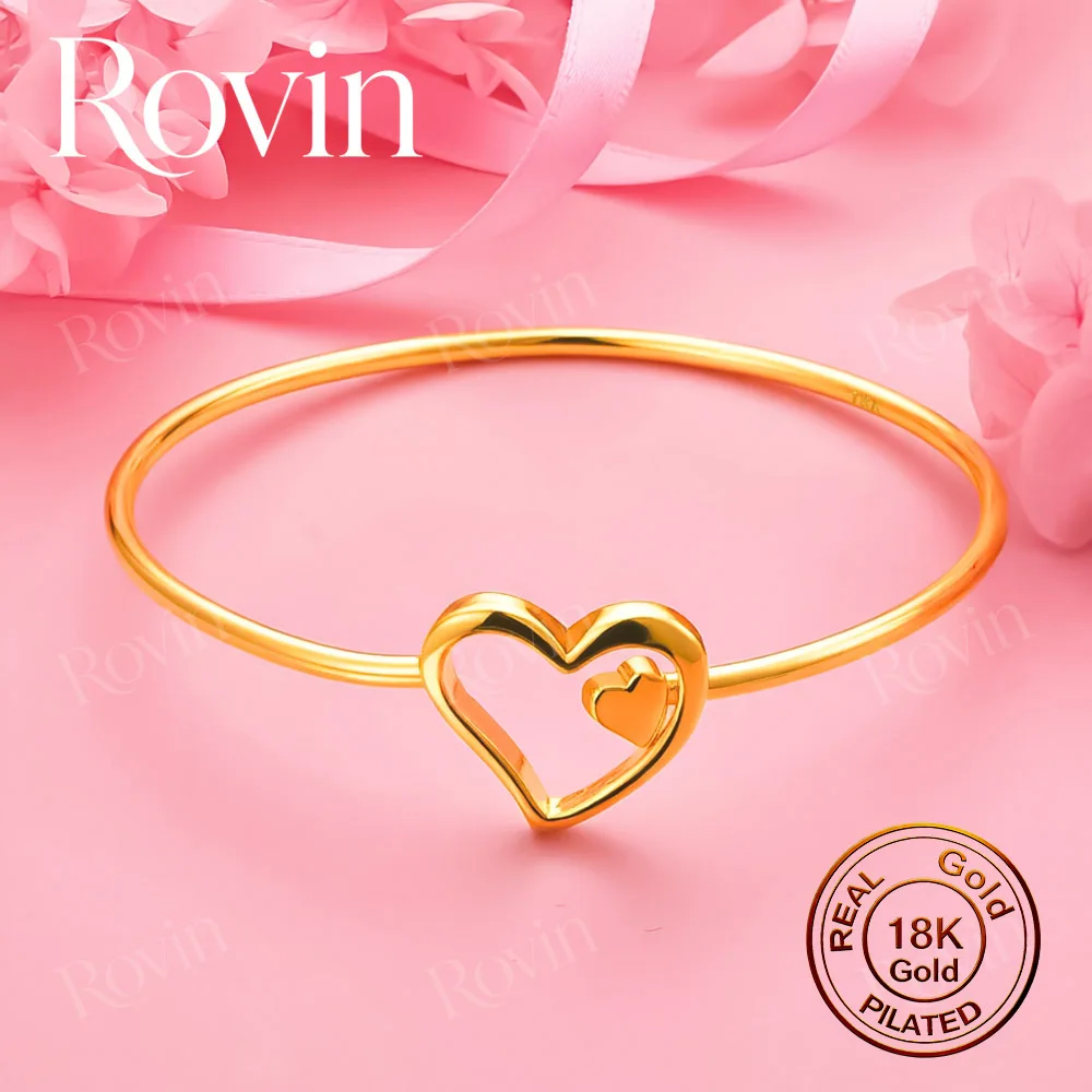 18K Gold Minimalist Open Double-Heart Bangle – A Stylish, Charming Accessory for Women, Perfect for Weddings and Parties