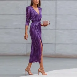 Women Elegant Striped Print Split Party Dress Spring Sexy Deep V Neck Hollow Long Dress Summer Lace-up Belted Office Lady Dress