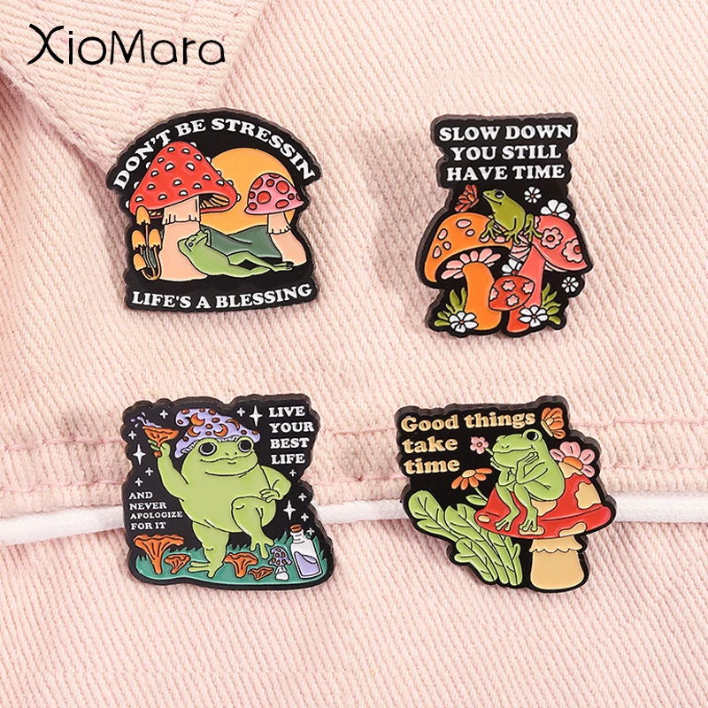 Cartoon Mushroom Frog Enamel Pin Good Things Take Time Positive Quote Mental Health Brooch Lapel Badge Jewelry Gifts For Friends