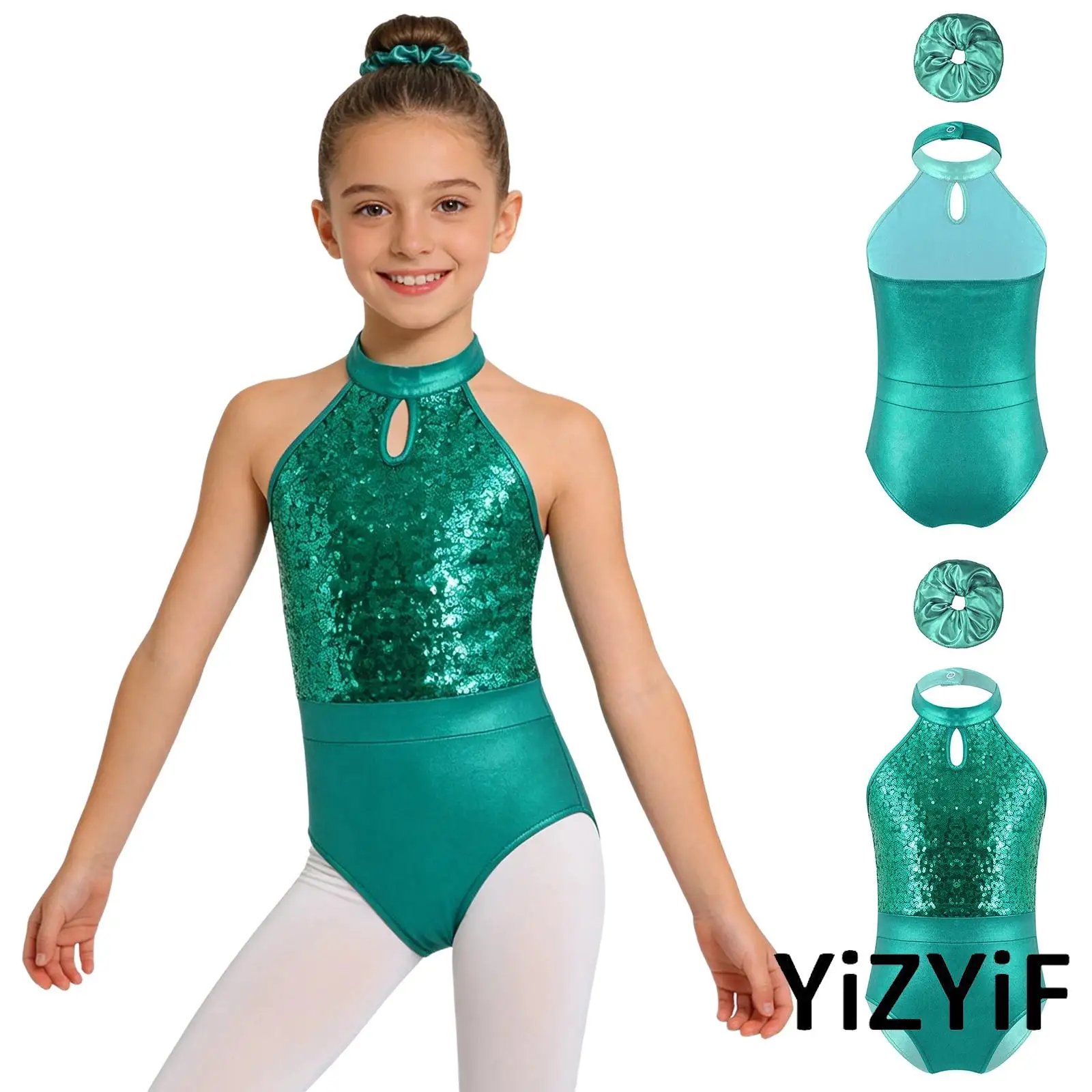 

Child Jazz Street Dance Costume Set Girls Sparkling Sequins Patchwork Gymnastics Latin Dance Leotard with Metallic Hairband