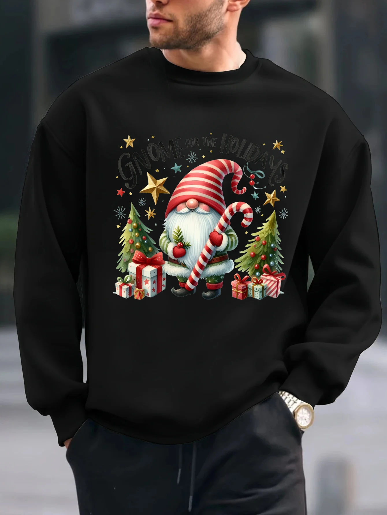 

2025 Santa Claus cane graffiti print tops Christmas Themed Mens Long Sleeve T Shirt Spring And Autumn Casual Cotton Top clothes