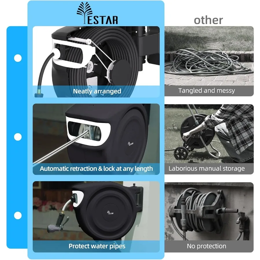 Enrouleur De tuyau d'arrosage rétractable 1 2x130 pieds, enrouleur De tuyau automatique avec buse à 7 motifs pour l'irrigation extérieure murale De