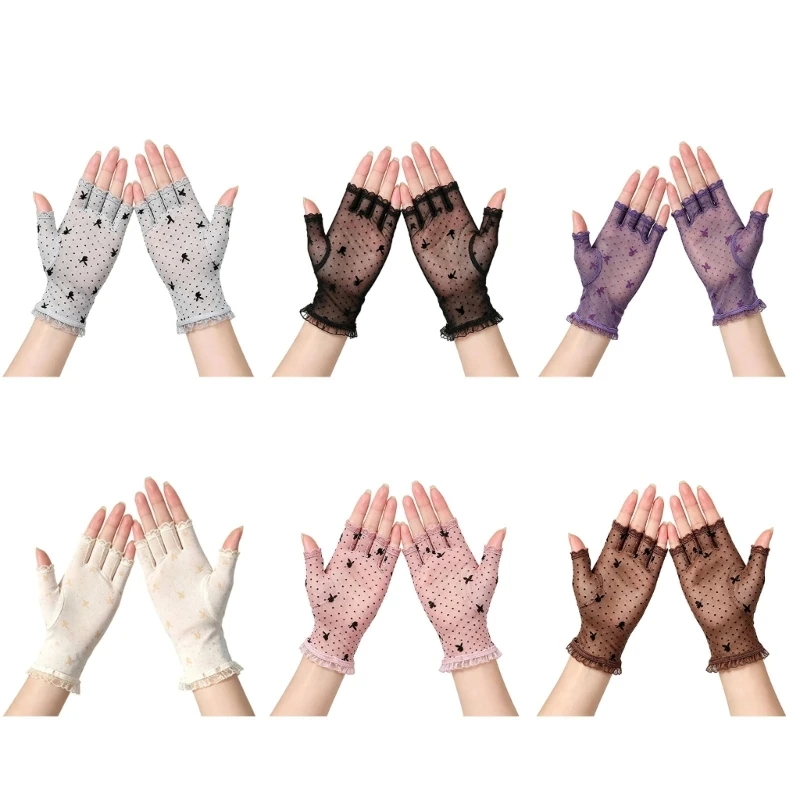 39BD Fingerless Lace Gloves for Women, Summer Sheer Mesh Hand Cover with Ruffle Trim for Driving, Commuting, Daily Wear