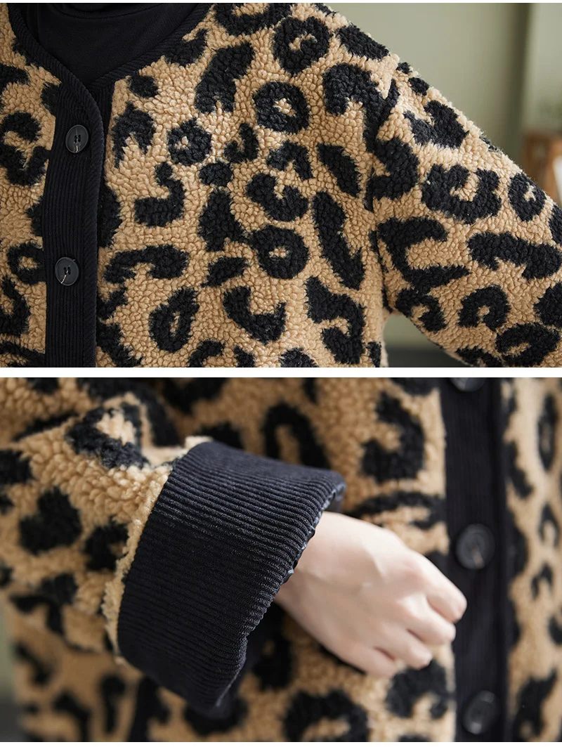 Leopard Print Loose Jacket, Plus Size Women\'s Polar Fleece Coat