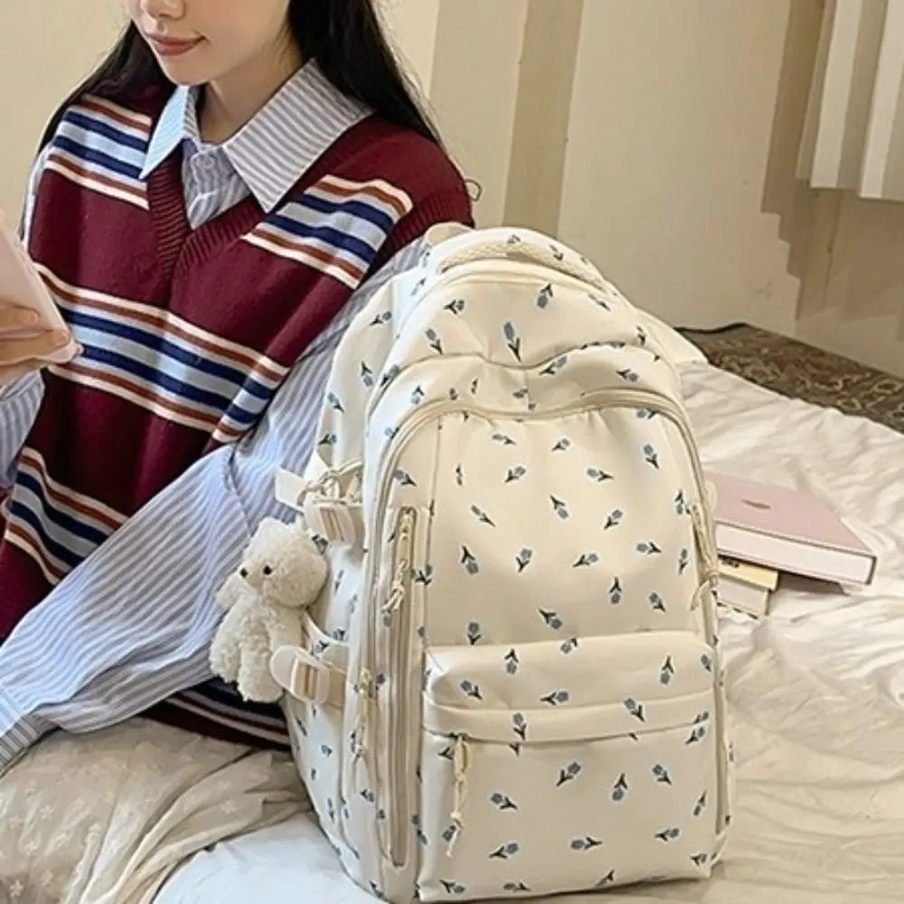 Großer Rucksack mit Blumenmuster, mehreren Taschen und Fächern, Schleifenmuster, wasserdicht, strapazierfähig, Schultasche – Detail 2