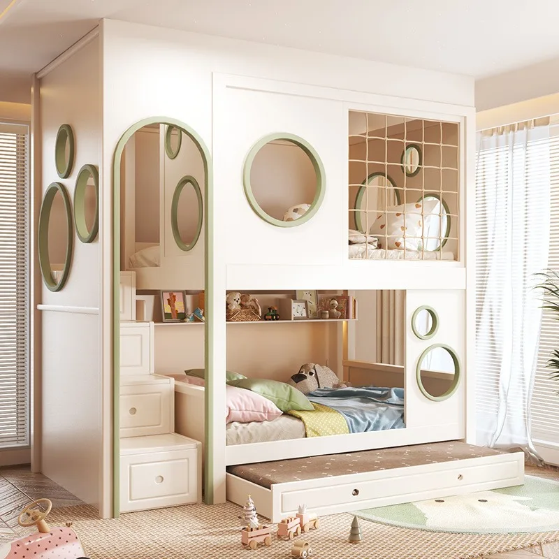 All solid wood children's bed upper and lower siblings S type same width castle tree house combination slide