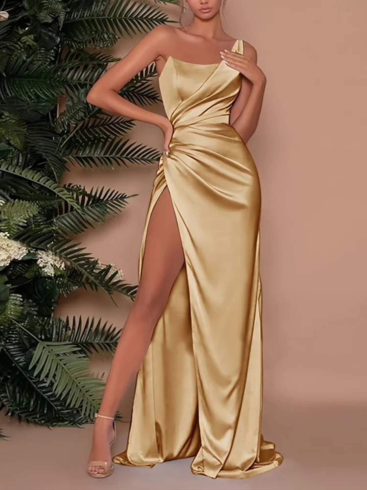 Beshinel Customized Gold Satin Strapless Prom Dresses 2025 Backless Side Split Formal Long Bridesmaid Wedding Party Dresses