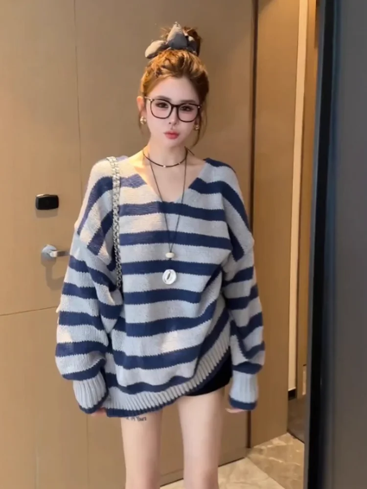 

Свободный повседневный вязаный свитер с V-образным вырезом для женщин, осенне-зимний, синий в полоску, оверсайз, удобный, дышащий, с капюшоном