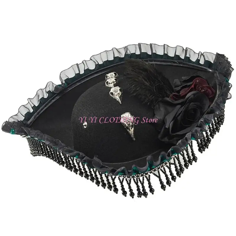 N5KF Elegant Halloween Pirate Hat With Flower Fringe For Costume Parties And Themed Event