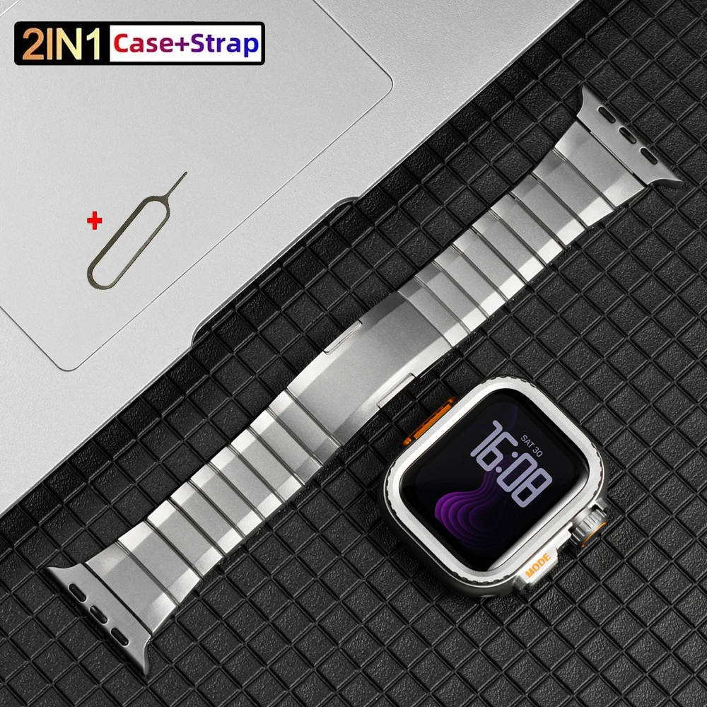 

Роскошный ремешок + металлический корпус для Apple Watch Ultra 3 49 мм 46 мм 45 44 42 мм Корпус из нержавеющей стали для Iwatch Series 11 10 9876SE54