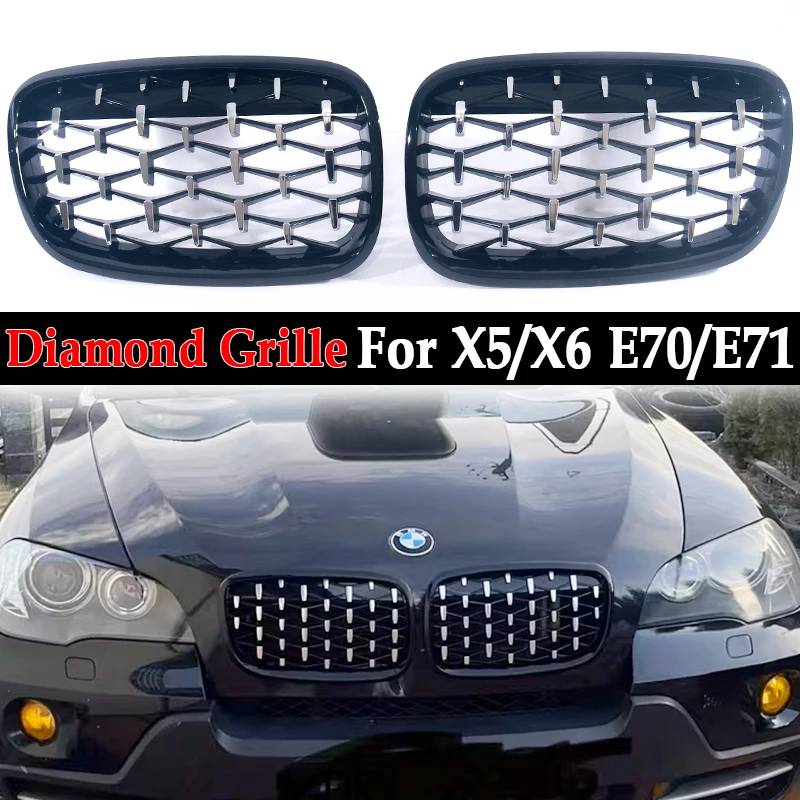 

Car Diamond Grills Front Kidney Grill Chrome Mesh Star Grille Car Accessories for BMW X5 E70 2007-2013 X6 E71 2008-2014 Black