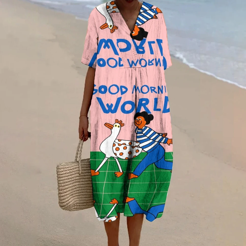 

Character And Swan Prints Animal Prints Women's Casual Long Dresses V-Neck Half Sleeves Outfits Women 1-piece Longuette Summer