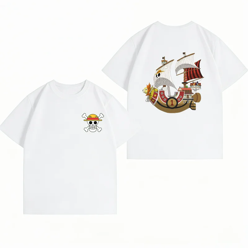 Bandai One Piece Thousand Sunny Print T-shirt Casual Short Sleeve Cotton Anime Streetwear Men's T-shirt