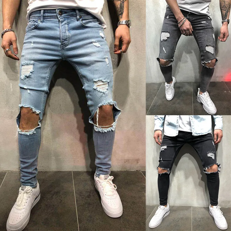 

Men Jeans Pencil Pant Solid Ripped Hole Europe America Denim Zipper Fly Streetwear Ankle-length Fashion Four Seasons Trousers