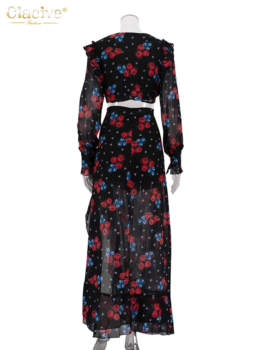 Clacive Fashion Loose Print Women's Two Pieces Set 2025 Sexy Long Sleeve Crop Top With High Waist Slit Long Skirt Set Female