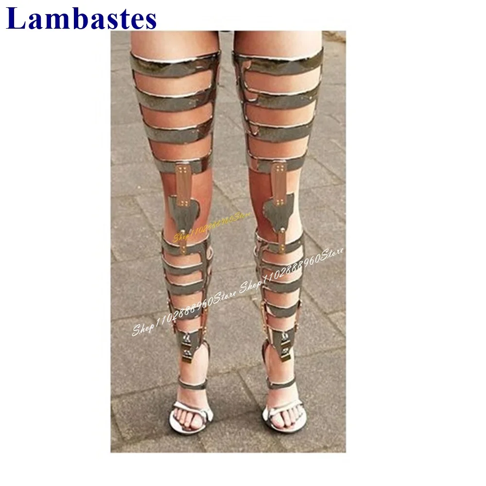 

Over The Knee Silver Metal Strappy Lock Sandal Boots Thin High Heel Women Shoes Open Toe 2024 Fashionable Zapatos Para Mujere