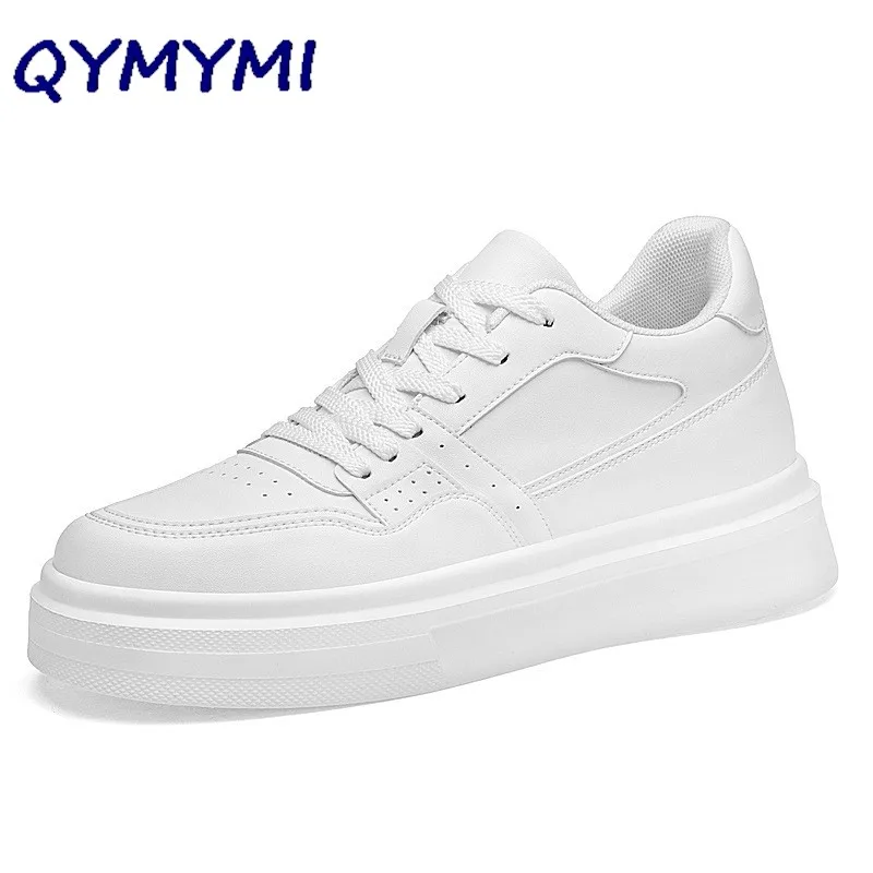 QYMYMI Men Hidden Heel Platform White Skate ShoesInvisible Height Increasing Sneakers  Lace-up Thick Sole Casual Walking Trainer