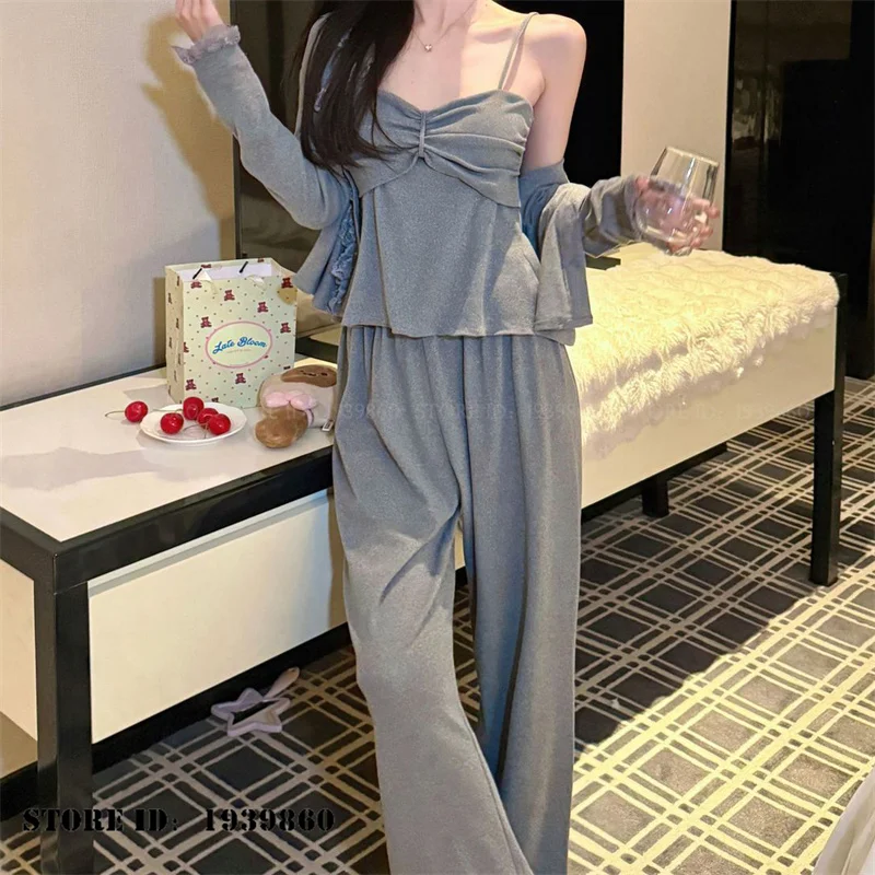 Female 3PCS Pajamas Set Modal Long Sleeve Cardigan Cami Trouser Pijamas Suit Spring Autumn New Home Clothes Sleepwear Loungewear