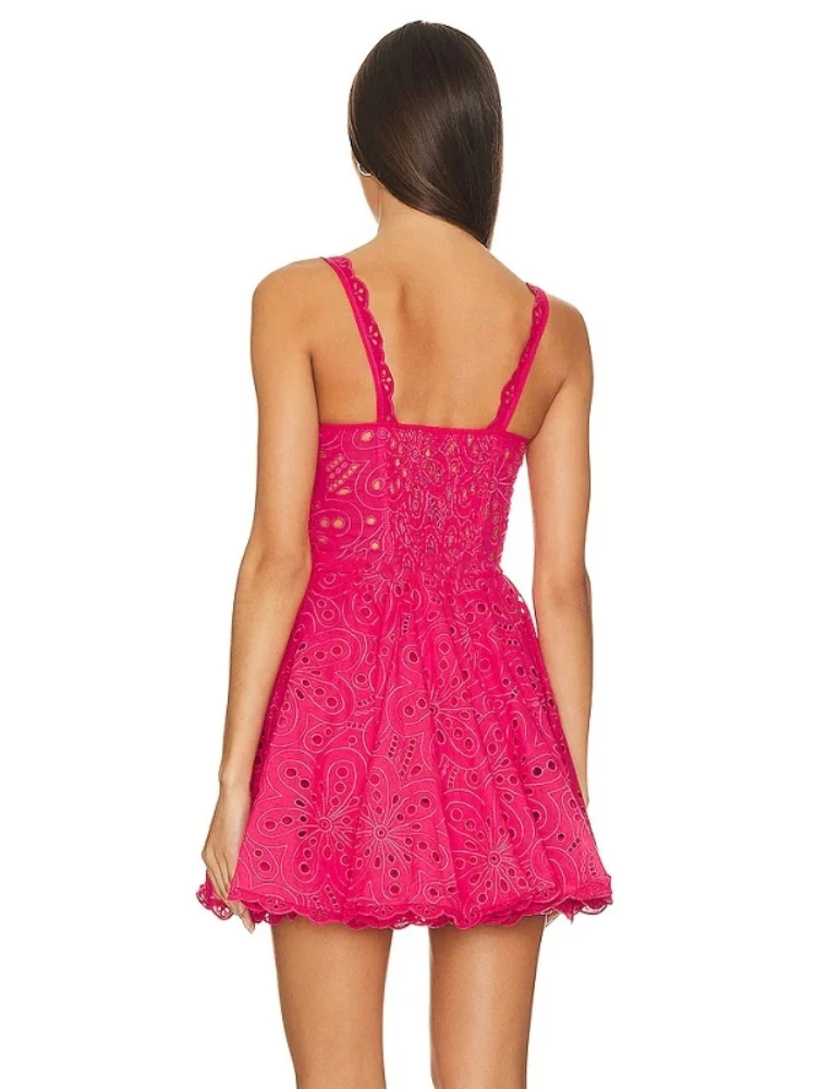 Summer Sexy Sleeveless Embroidery Hollow Out Mini Dress Women White Lace Straps High Waist A-Line Dress Party Evening Sundress