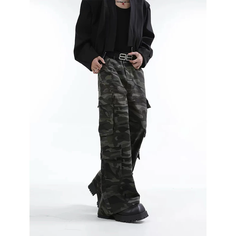 American retro washed design camouflage work pants for men and women, loose straight leg multi pocket wide leg casual paratroope