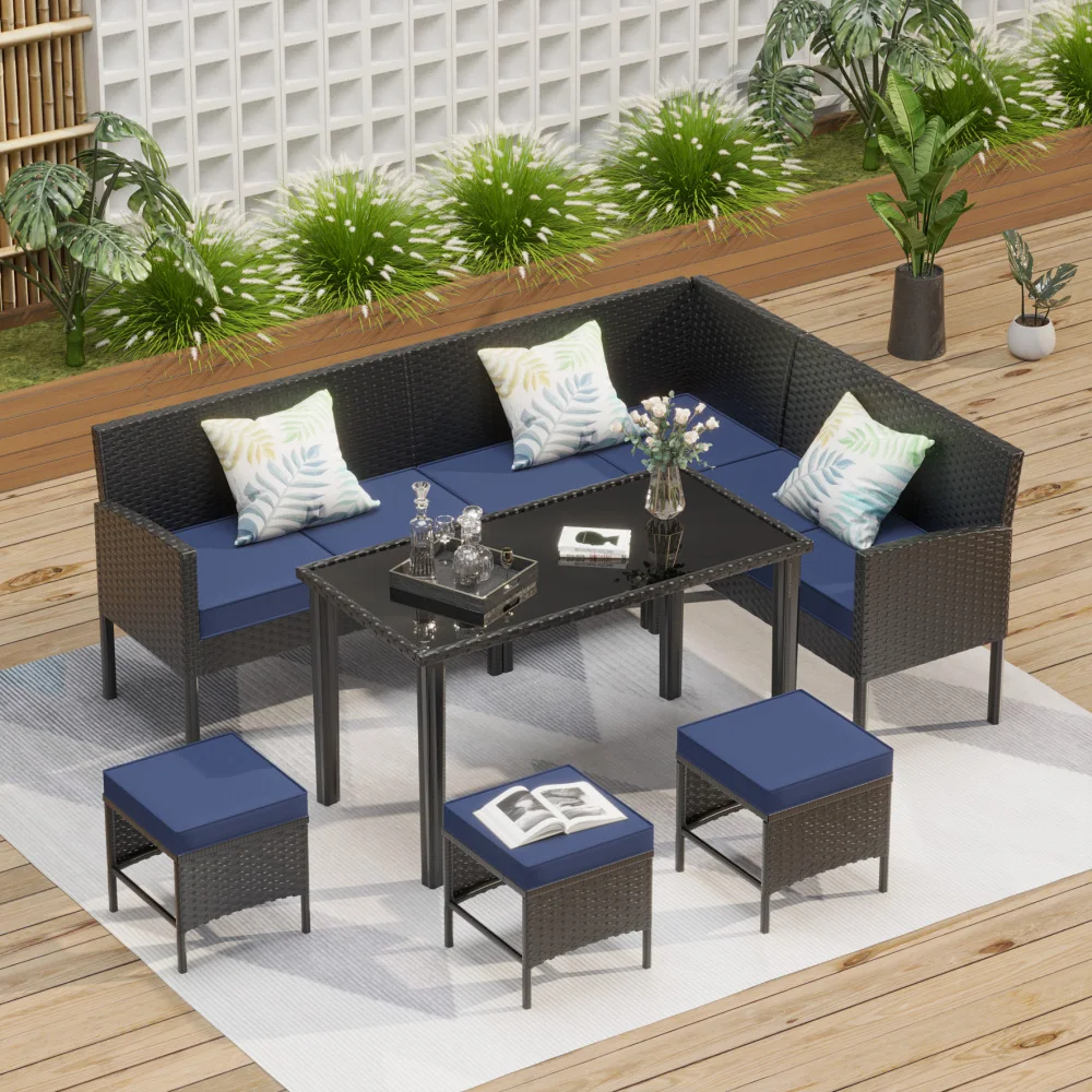 

7-Piece Small Space Patio Set: Waterproof Cushions, Glass Table, Dark Blue—Backyard/Terrace/Garden