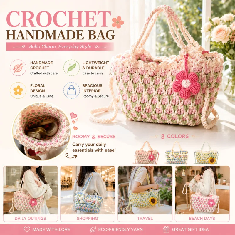 Women Handbag Handmade Tulip Crochet Bag Pink Flower Crossbody Shoulder Bag Mini Woven Handbag For Women Valentines Day Gift New