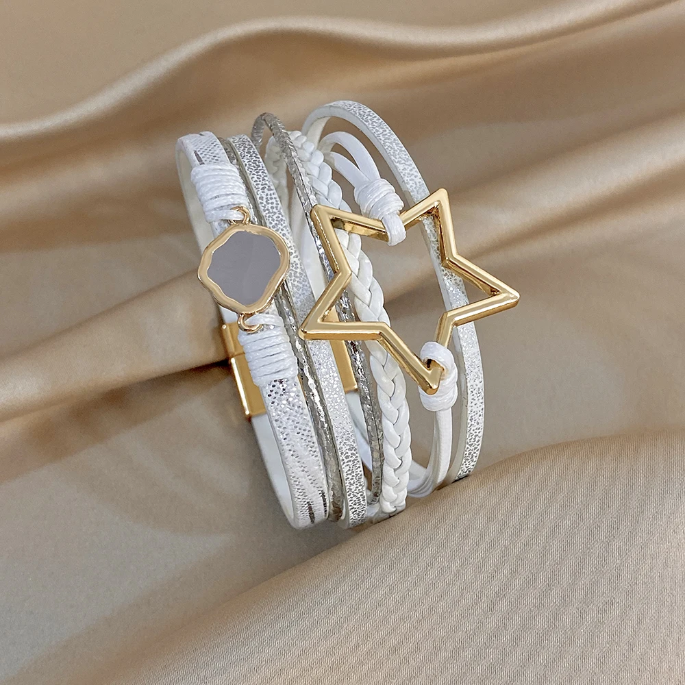 ALLYES Vintage Armband aus gewebtem Leder mit ausgehöhltem Stern für Damen, klobiges Boho-Mehrschicht-Armband, breites Wickelarmband, Charm-Schmuck – Detail 22