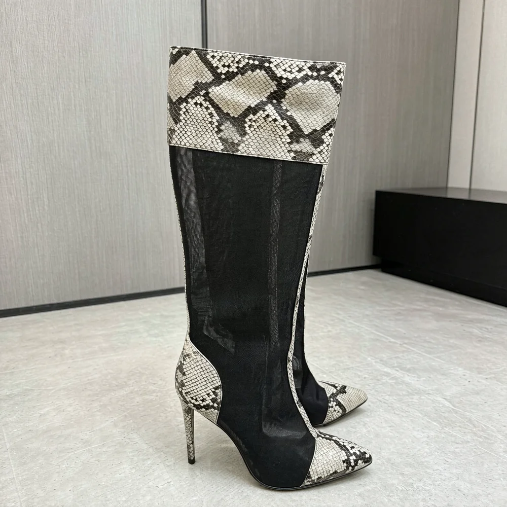 Ladies Sheer Mesh Knee High Boots Snake Skin Print Trim Pointed Toe Stiletto Heel Tall Boots Side Zipper Design Fashion Footwear