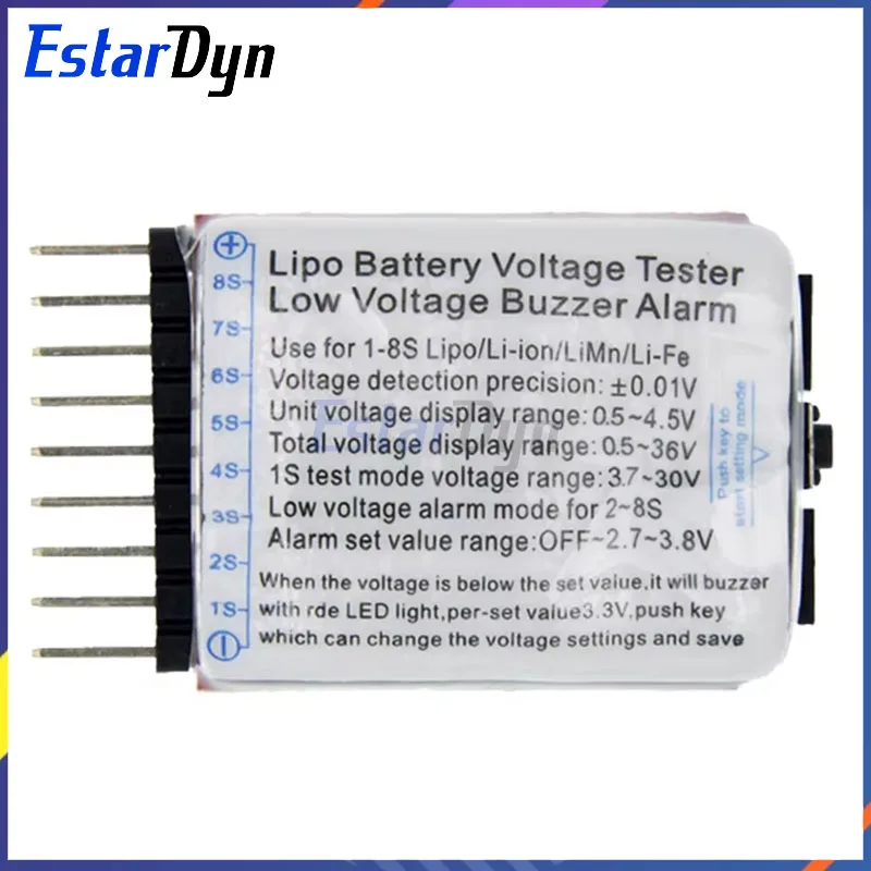 Estardyn 1-8S Lipo/Li-ion/Fe RC helicopter airplane boat etc Battery Voltage 2 IN1 Tester Low Voltage Buzzer Alarm