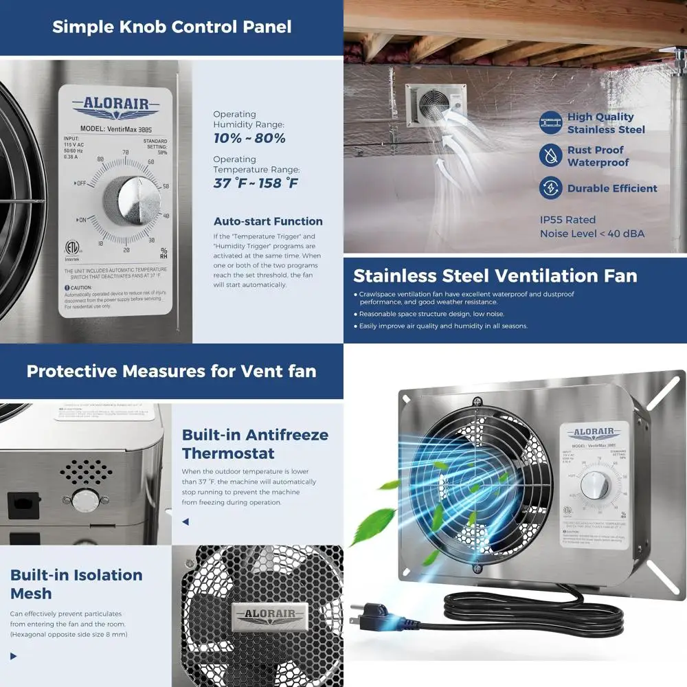 

IP55 Rated Stainless Steel Exhaust Fan for Basement, Crawl Space, and Grow Tent with 6.7 Inch Diameter and Built-In Inlet Grille