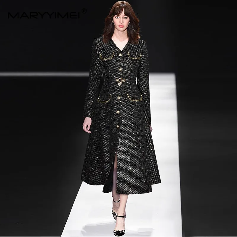 MARYYIMEI Autumn Winter Women\'s Coat V-Neck Long Sleeved Single-breasted Lace-Up Fashion Runway Black Overcoat