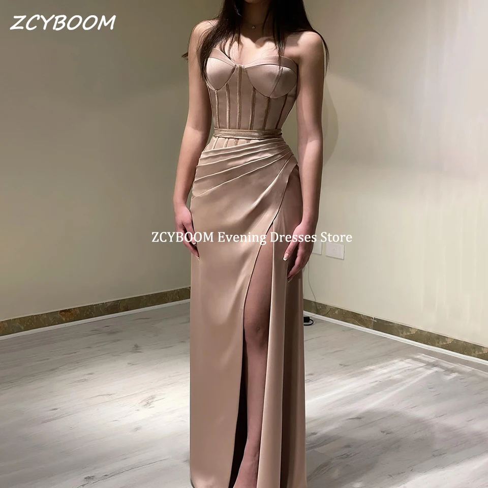 Sexy Champagne Satijn Geplooide Zeemeermin Prom Gown 2023 Mouwloze Cocktail Party Zijsplit Avondjurken Voor Vrouwen Robe De Soiree