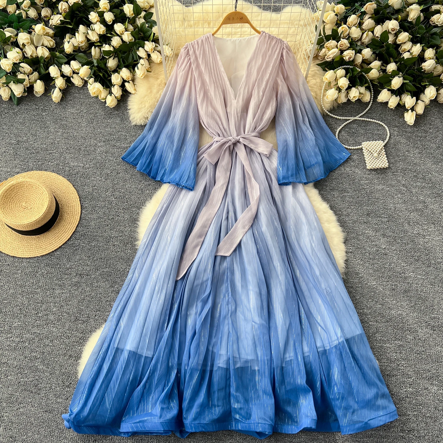 blue floral maxi dress GRADIENT TULLE A-LINE DRESS main image 0