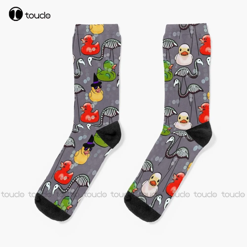 Spooky Halloween Rubber Ducks And Pink Flamingo Skeletons Gray Socks Boys Football Socks Comfortable Best Girls Sports Colorful