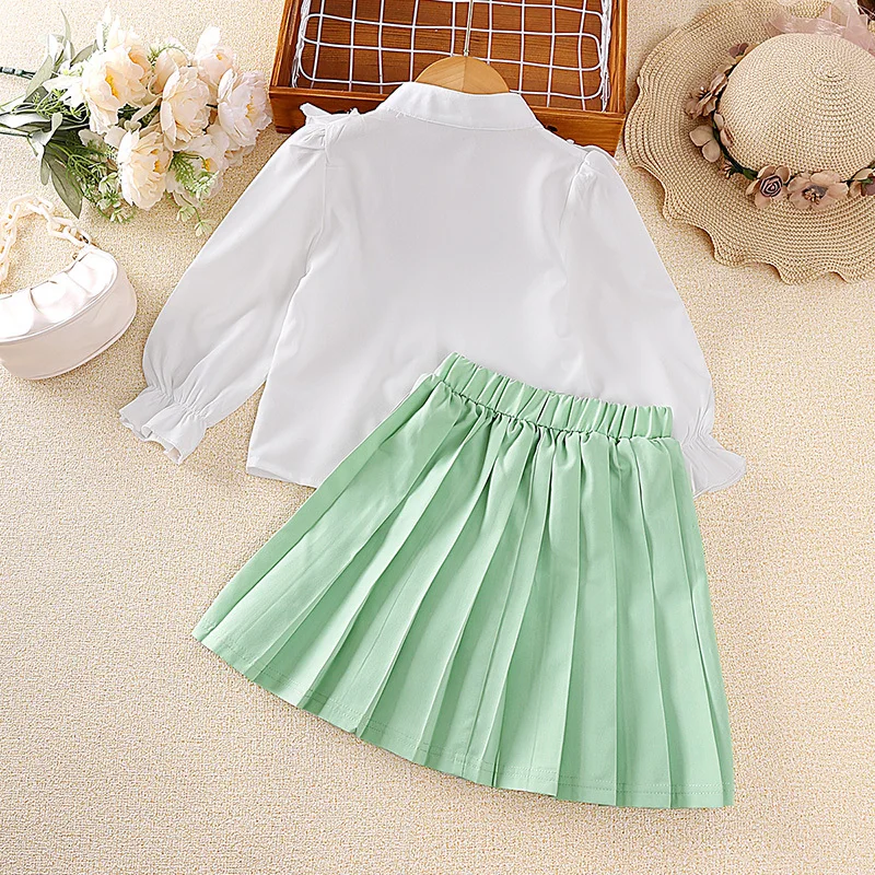 Girls Spring Autumn Two Piece Sets White Lace Embroidery Long Sleeve Blouse & Green Plrteated Skirt Cute Preppy Style Outifits