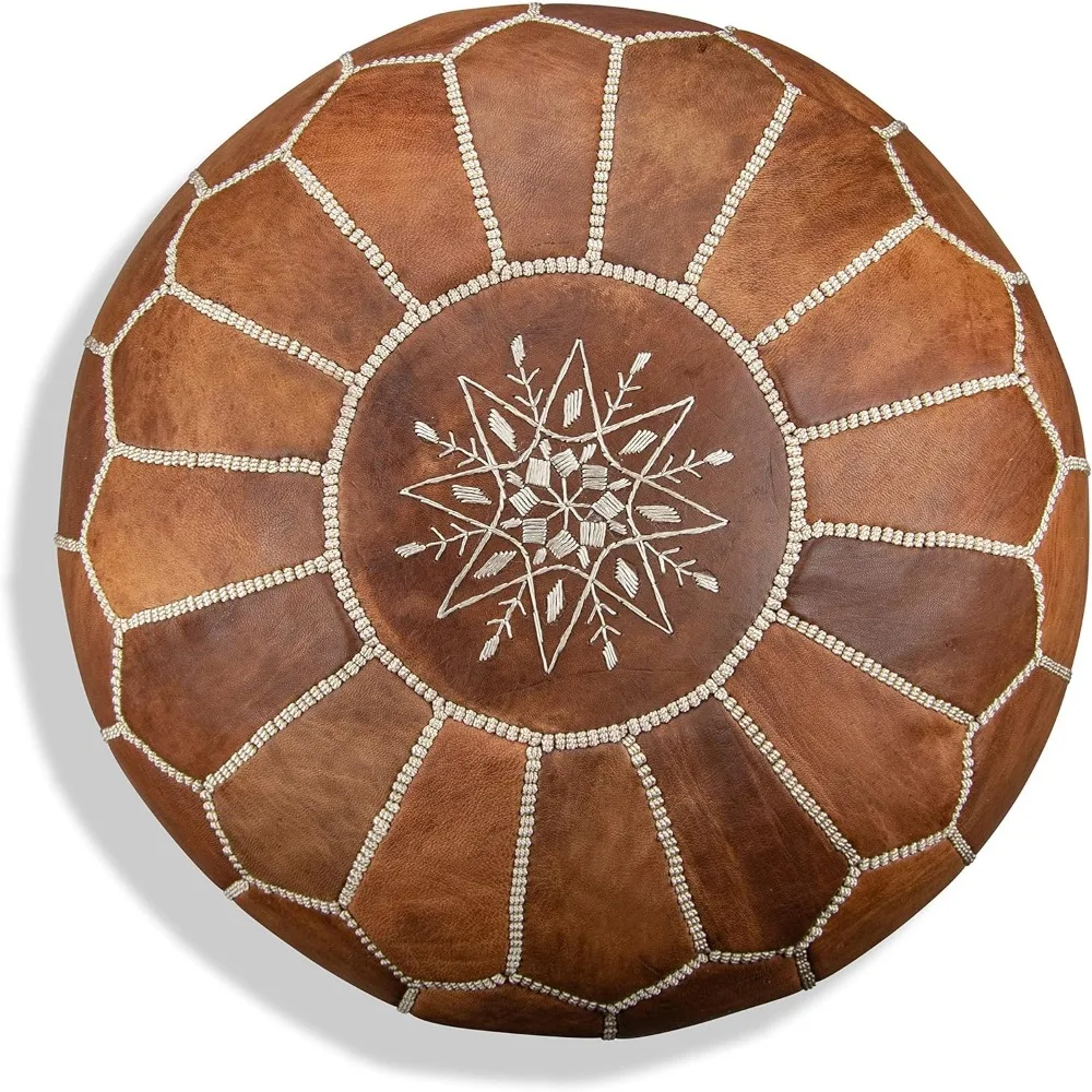 

Premium Moroccan Leather Pouf - Handmade - Delivered Stuffed - Ottoman, Footstool, Floor Cushion (Cognac Brown)