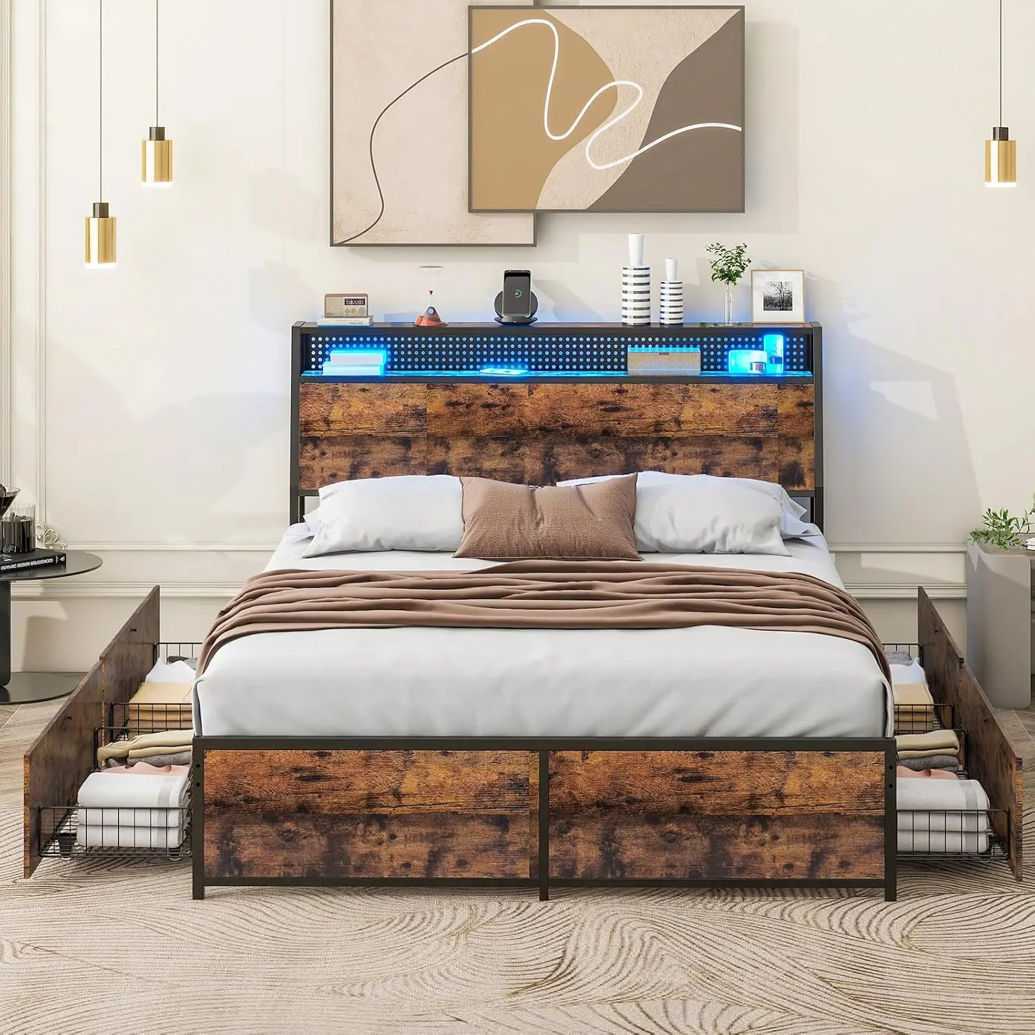 Queen Bed Frame with 4 Drawers, Metal Platform Bed Frame with Charging Station & LED Lights, Sturdy, Noise Free