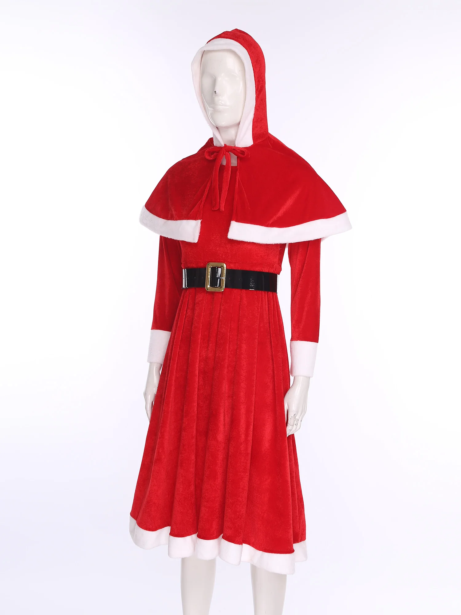 女性クリスマス長袖ベルベットドレスフード付きケープベルト付きクリスマス新年パーティーカーニバルミセスサンタクロースコスプレ衣装