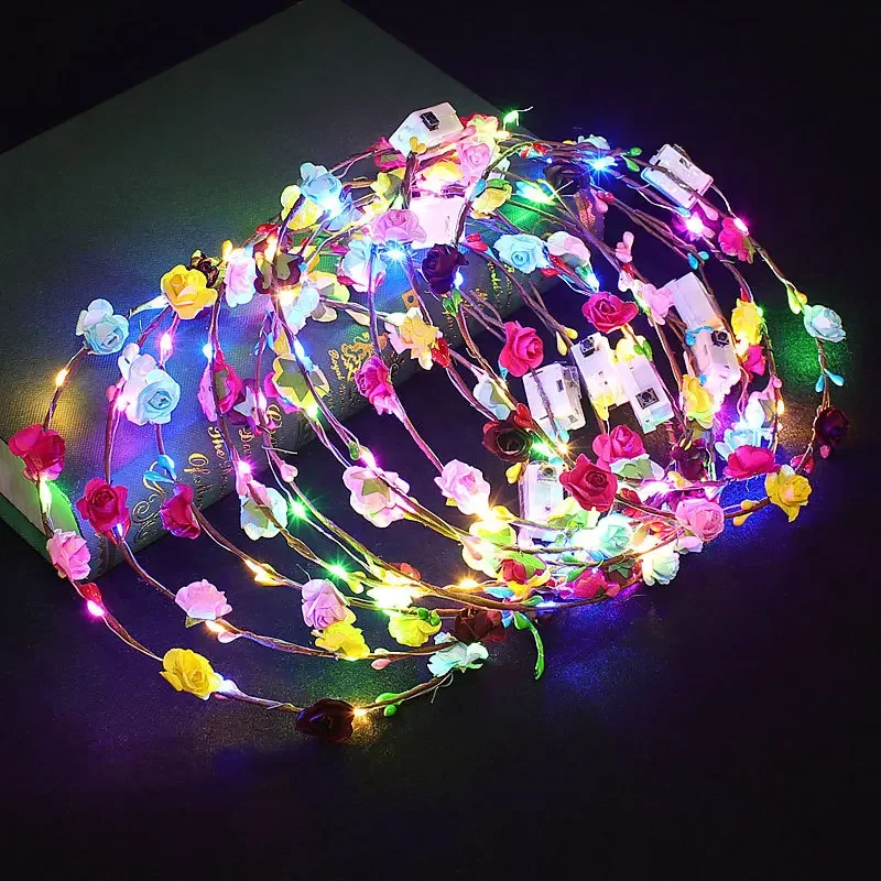 10pc Luminous 10-LED Headpiece Garland Female Korean Rattan Head Flower Headband Glowing Headdress for Wedding Party Christmas