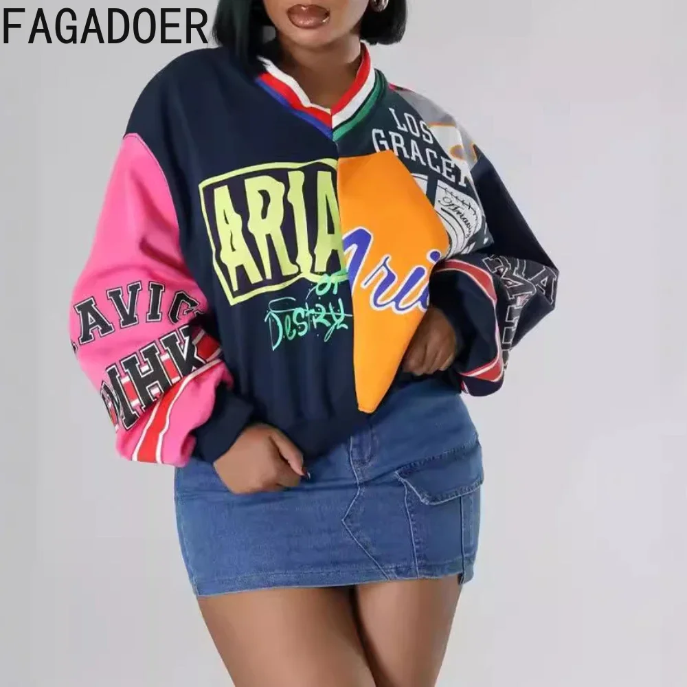 FAGADOER INS Brief Drucken Sweatshirt Frauen Casual V-ausschnitt Langarm Farbe Block Patchwork Pullover Tops Y2K Hot Girl Streetwear