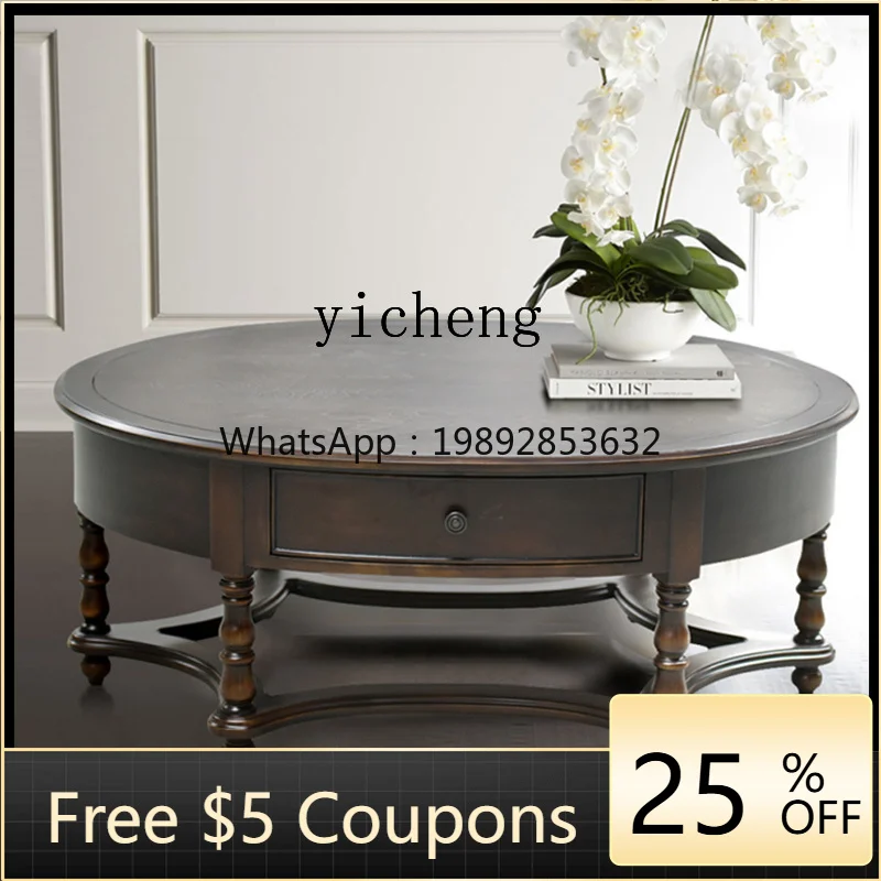 AA Solid Wood Carved Vintage Coffee Table, Distressed Light Luxury Simple Design with Drawer, Customizable Coffee Table