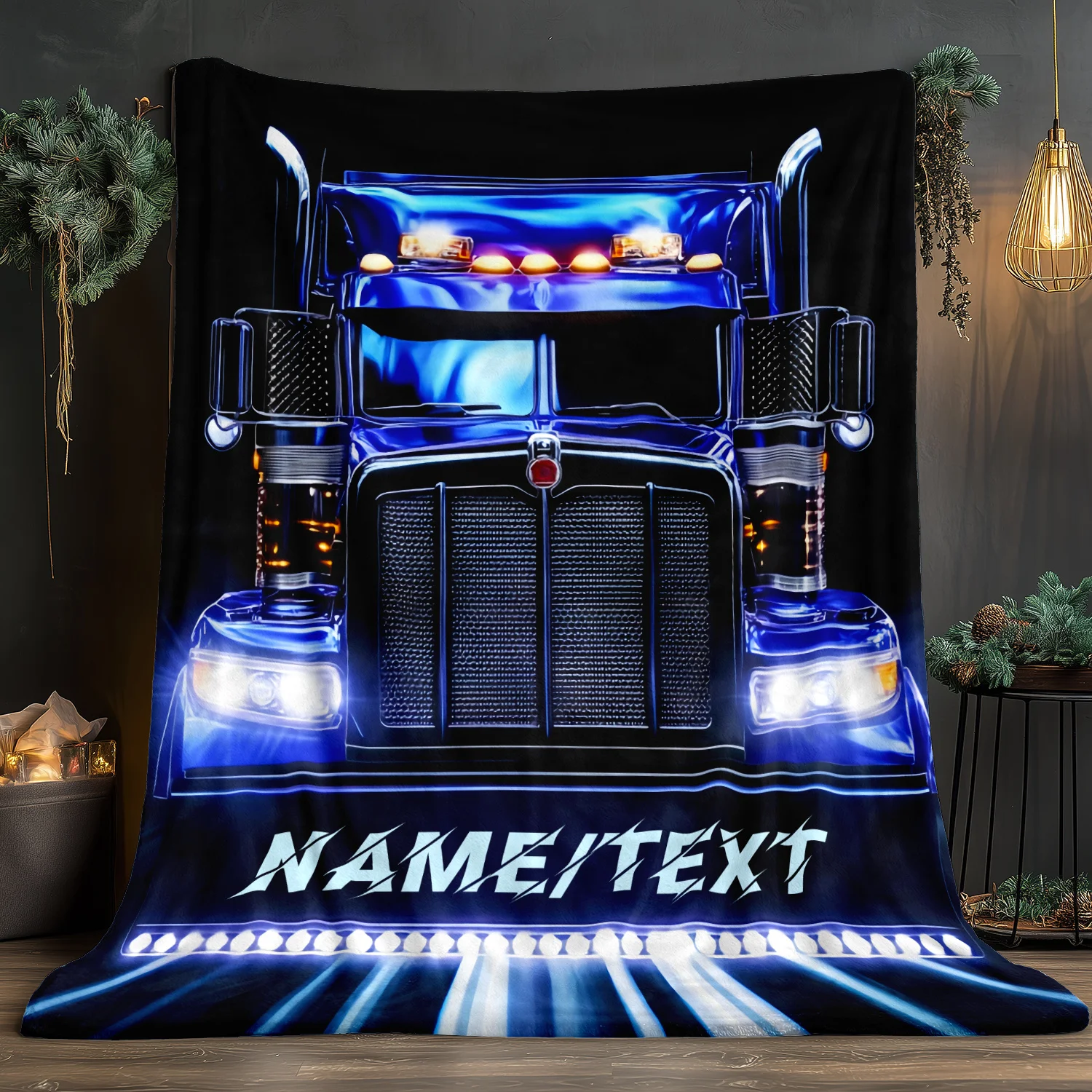 Personalized Truck Blanket Name Blue Semi Truck Art Soft Fleece Throw Driver Gift Home Decor Vehicle Theme