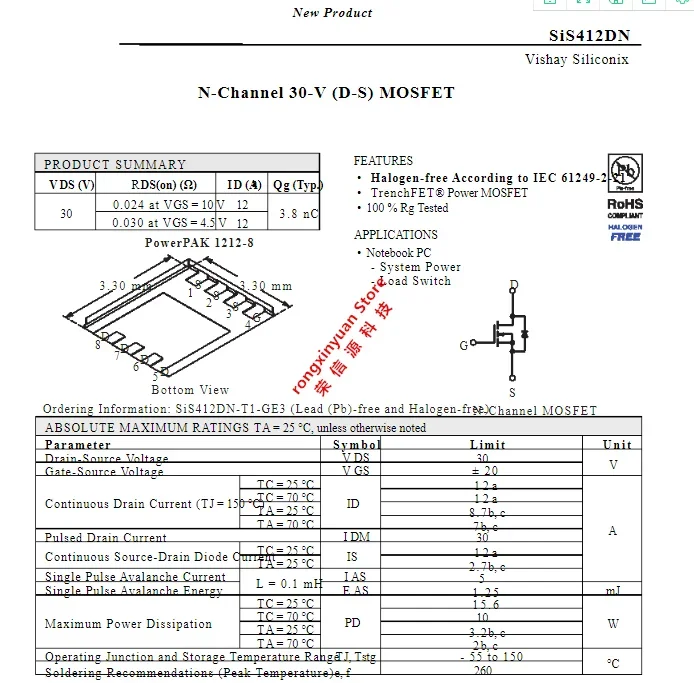 SIS412DN-T1-GE3  Marking: S412  QFN-8 SIS412DN-T1-E3 SIS412DN SIS412 N-Channel 30V/12A  (D-S) MOSFET 100% New original