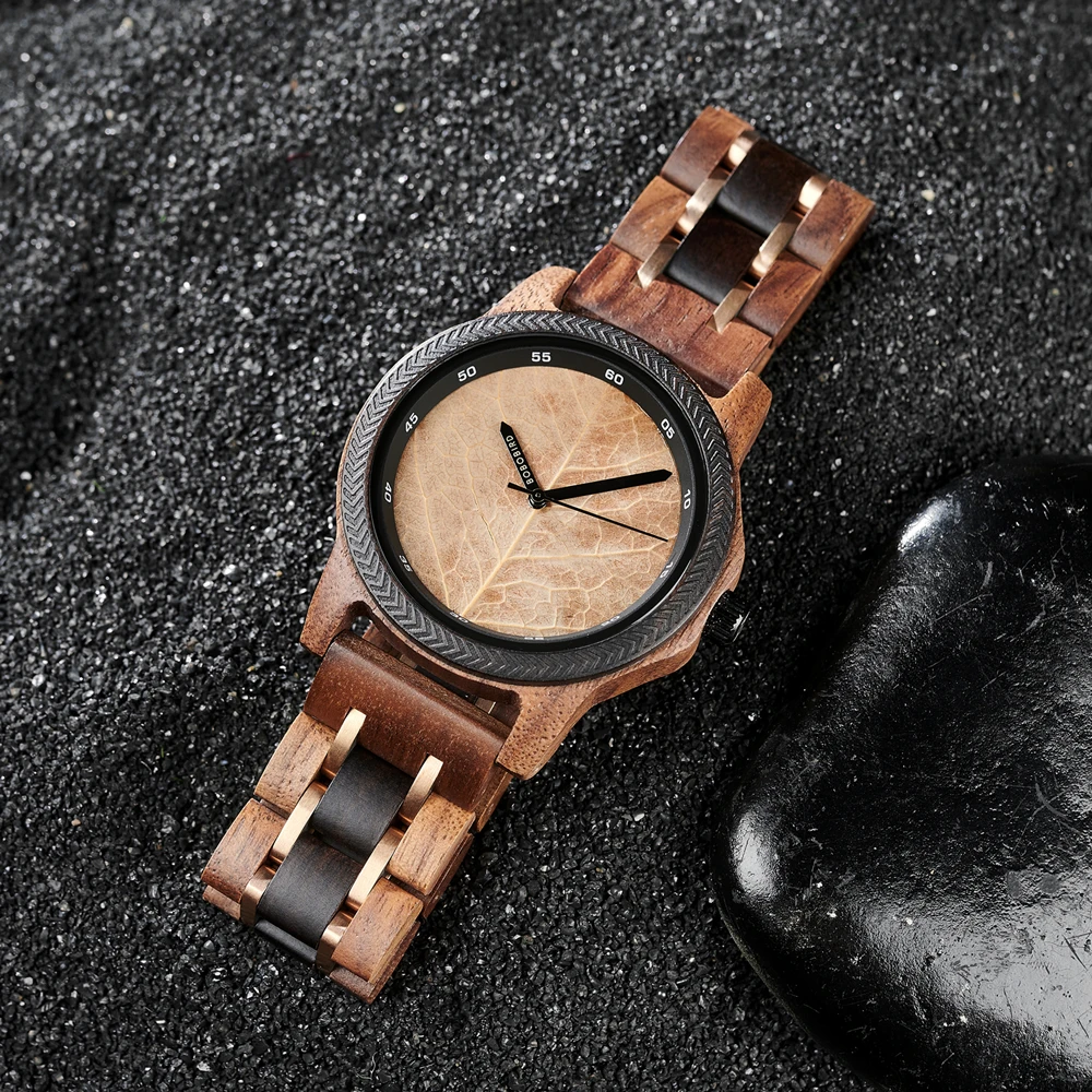 BOBO BIRD Men\'s Watches Unique Leaf Dial Design Wooden Wristwatch Quartz Watch for Men Customiezd Dropshipping